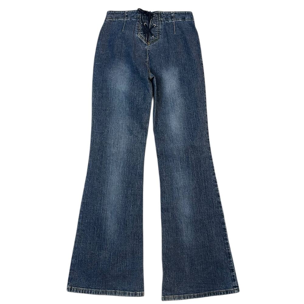 Vtg Y2K Low Rise Flare Jeans Jrs 3 Lace Up Back Front Button Panel Bratz Boho